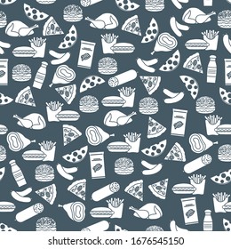 Seamless food pattern Sausage, hamburger, cheese, pizza, french fries, chips, hot dog, ham, chicken Fast Picnic food snacks. Harmful eating habits Unhealthy lifestyle Design for wrapping, fabric, print