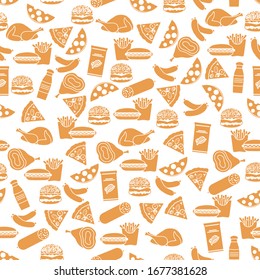 Seamless food pattern Sausage, hamburger, cheese, pizza, french fries, chips, hot dog, ham, chicken Fast food Snack Picnic. Harmful eating habits Unhealthy lifestyle Design for wrapping, fabric, print