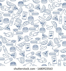 Seamless Food Pattern Sausage, Hamburger, Cheese, Pizza, French Fries, Chips, Hot Dog, Ham, Chicken Fast Food Snack Picnic. Harmful Eating Habits Unhealthy Lifestyle Design For Wrapping, Fabric, Print