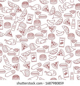 Seamless food pattern Sausage, hamburger, cheese, pizza, french fries, chips, hot dog, ham, chicken Fast food Snack Picnic. Harmful eating habits Unhealthy lifestyle Design for wrapping, fabric, print