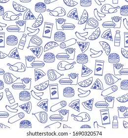 Seamless food pattern Sausage, hamburger, cheese, pizza, french fries, chips, hot dog, ham, chicken Fast food Snack Picnic. Harmful eating habits Unhealthy lifestyle Design for wrapping, fabric, print