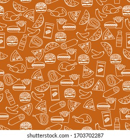 Seamless food pattern Sausage, hamburger, cheese, pizza, french fries, chips, hot dog, ham, chicken Fast food Snack Picnic. Harmful eating habits Unhealthy lifestyle Design for wrapping, fabric, print