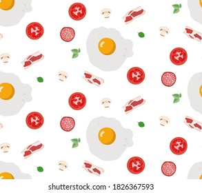 Seamless food pattern. Scrambled eggs, tomatoes, bacon, basil, mushrooms on a white background. Illustration in a flat style. Can be used as a background in web design, printing, packaging, clothing.