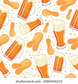 seamless food pattern of slices of fried potato chips with crumbs and beer in various glasses, for various designs, packaging or banners