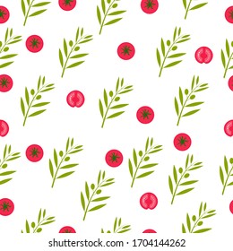 Patrón de comida sin problemas. Tomate y ramo de oliva para papel pintado y elementos decorativos. Fondo rojo y verde.