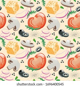 Seamless food pattern. Vector foodstuffs. Tomato, mushrooms and olives