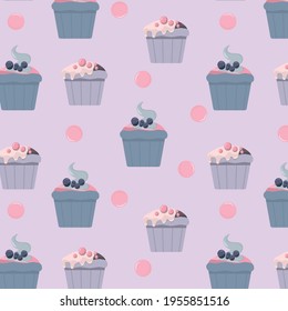 Seamless food pattern. Vector illustration.Cakes. Maffins. Sweets