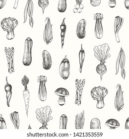 Patrón de alimentos sin foco con verduras, ilustración vectorial a mano en estilo vintage.