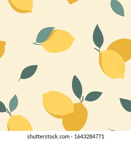 Seamless food pattern with yellow lemons and green leaves of pastel colors. Citrus fruits trendy hand drawn texture. Vector background for paper, cover, fabric, interior decor.