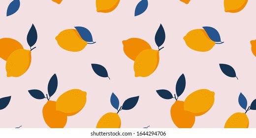 Seamless food pattern with yellow lemons and blue leaves. Citrus fruits trendy hand drawn texture. Vector background for paper, cover, fabric, interior decor.