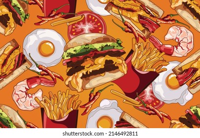 Seamless food pattern.Fast food  in summer print. Hawaiian t-shirt and swimwear tile.