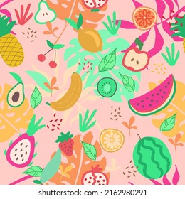 Seamless food print for fashion. Apples and lemons drawing with watercolor filter texture in bright pop colors. Fruits leaves graphic design for kitchen, cafe menus, restaurant curtains, upholstery.