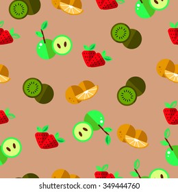 Seamless Food set in vector: strawberry, orange, kiwi, apple. Food Flat illustration. Seamless pattern with fruits in flat style.
