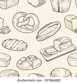 Seamless food sketch pattern. Hand drawn bread and bakery background, freehand engraving style, artistic seamless pattern