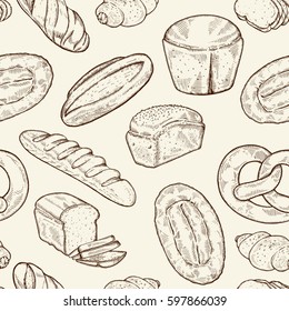 Seamless food sketch pattern. Hand drawn bread and bakery background, freehand engraving style, artistic seamless pattern