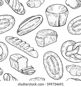 Seamless food sketch pattern. Hand drawn bread and bakery background, freehand engraving style, artistic seamless pattern
