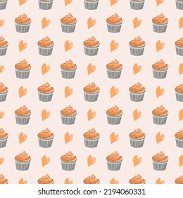 Seamless food tasty autumnal pattern with muffins and hearts for cafe textile and gift paper