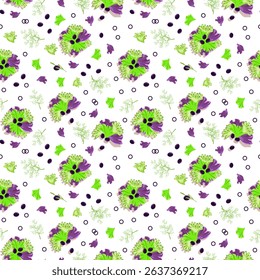 Seamless food texture with green and red lettuce leaves, olives and sprigs of greenery on white background. Healthy eating. Vegetarianism. World Food Safety Day concept. Vector illustration.