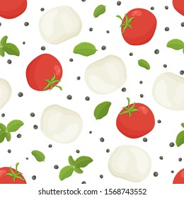 Seamless food vector pattern. Caprese salad ingredients. Cartoon hand drawn mozzarella, tomato, basil, pepper on white background. Flat illustration for textile. Isolated cheese ball and vegetables