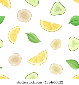 Seamless food vector pattern. Cartoon hand drawn lemon, cucumber, ginger, mint on white background. Flat illustration for textile, wrapping paper, cosmetics. Ingredients of detox sassy water