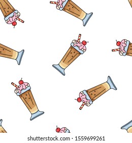 Seamless food vector pattern. Cartoon hand drawn glass of chocolate milkshake on white background. Doodle flat illustration for textile, wallpaper, clothes. Drink with whipped cream, syrup, cherry