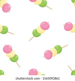 Seamless food vector pattern. Cartoon hand drawn japanese dango on white background. Color flat illustration for textile, wallpaper, clothes, paper, packaging. Three rice balls, asian dumpling