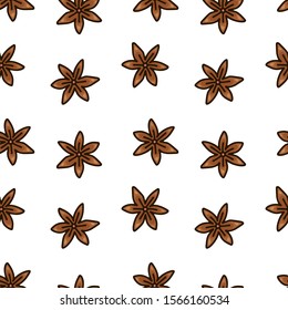 Seamless food vector pattern. Cartoon hand drawn star anise on white background. Doodle flat illustration for textile, wallpaper, wrapping paper. Colored spices
