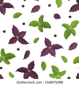 Seamless food vector pattern. Cartoon hand drawn basil leaf with black pepper on white background. Flat illustration for fabric, textile, wallpaper. Isolated green and purple plant. Floral design