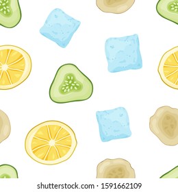 Seamless food vector pattern. Cartoon hand drawn ice cubes, lemon, cucumber, ginger on white background. Flat illustration for textile, wrapping paper, cocktail packaging, cosmetics, female face mask