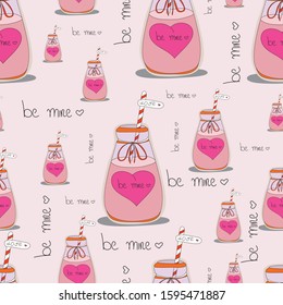 Seamless food vector pattern. Cartoon hand drawn glass of strawberry smoothie isolated on pink background. Doodle flat illustration for textile, wallpaper, clothes. Colored sweet drink with tube