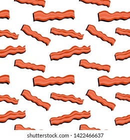 Seamless food vector pattern. Tasty breakfast. Bacon stripes isolated on blue background. Colorful illustration. Perfect for wallpaper or fabric.