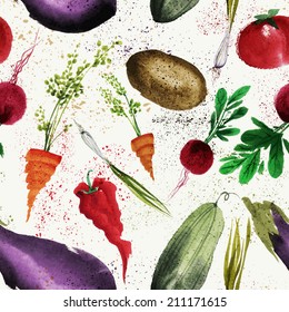 Seamless food watercolor vegetable pattern with  with spray, stains and blots: tomato, radish, potato, spring onion, eggplant, carrot, cucumber, chili pepper on light background. Vector illustration.