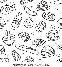 Seamless foods and beverages pattern, Black and white repeating vector food and beverages background.