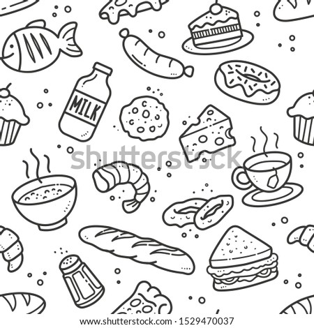 Seamless foods and beverages pattern, Black and white repeating vector food and beverages background.