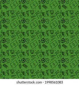seamless football icons pattern.Doodle vector with soccer icons on green background.Vintage soccer icons,sweet elements background for your project