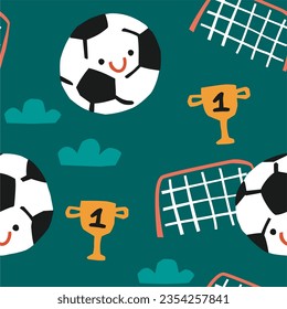 Seamless football kids pattern. Soccerball, goal and cup on a green background. 