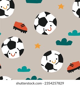 Seamless football kids pattern. Soccerballs and boots on a beige background. 