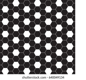 Seamless football pattern. Black and white abstract geometric background.  Monochrome retro texture. Vector hexagon silhouette. Frontal view. Tile.