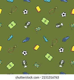 Seamless football pattern. Doodle football illustration with a soccer ball, championship cup, shoes, football field. Football cup background