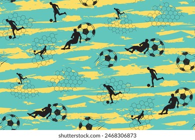 Seamless football pattern with footballer men silhouette on grunge blue and yellow background. Sport print with soccer ball, hexagon grid, boy player silhouette.