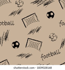 Seamless football pattern. Modern background for boys with soccer ball, gate, text and zig zag