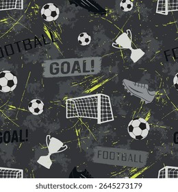 Padrão de futebol perfeito com bolas de futebol, chuteiras, troféus, postes de gola e texturas de pinceladas. Fundo grunge em cinza com acentos amarelos. Perfeito para roupas esportivas e moda masculina.