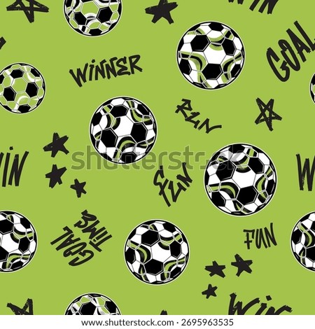 Seamless football pattern with soccer balls, graffiti words GOAL, WINNER, FUN, playful stars on green background. Sporty design for kids wear, boys apparel, textile, wrapping paper.