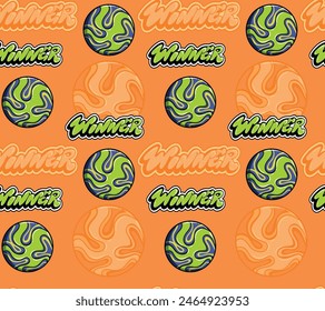 Seamless football soccer ball pattern with text winner on orange background. Football repeat print. Endless sport ornament. Modern soccer ball