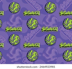 Seamless football soccer ball pattern with text winner on purple background. Football repeat print. Endless sport ornament. Modern soccer ball