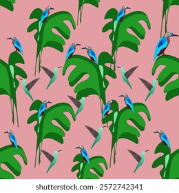 Seamless forest Amazon forest blue bird colorful wild bird 