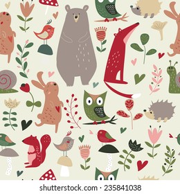 Seamless forest animals background with cute hare, owl, hedgehog, bear, squirrel, fox, snail, birds, mushrooms and flowers in cartoon style