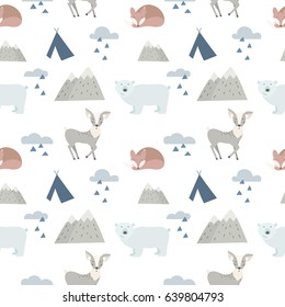 Seamless forest animals background with cute deer, bear and fox. Cartoon style.