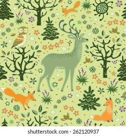 Seamless forest animals background. Owl, deer, foxes, squirrel, birds, trees and flowers. Vector spring pattern.
