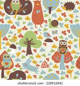 Seamless forest background with cute bear,   owl, birds, mushrooms, snail, hedgehog, hare, trees and flowers in cartoon style